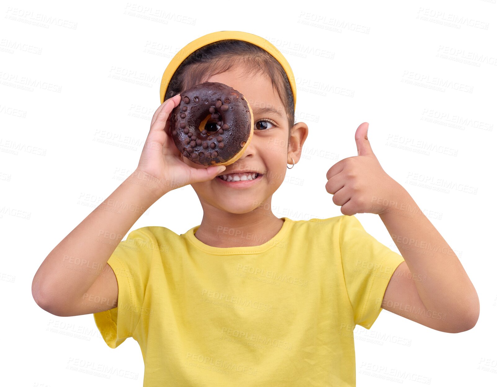Buy stock photo Donut, eye and thumbs up with portrait of girl for junk food, sugar and chocolate isolated on a transparent PNG background. Snack, cake and face of child with like emoji, yes sign or OK for dessert