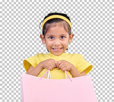 Buy stock photo Girl smile, portrait and gift bags from birthday party, event or celebration isolated on a transparent PNG background. Shop choice, bag and little child or happy kid with shopping presents or buying