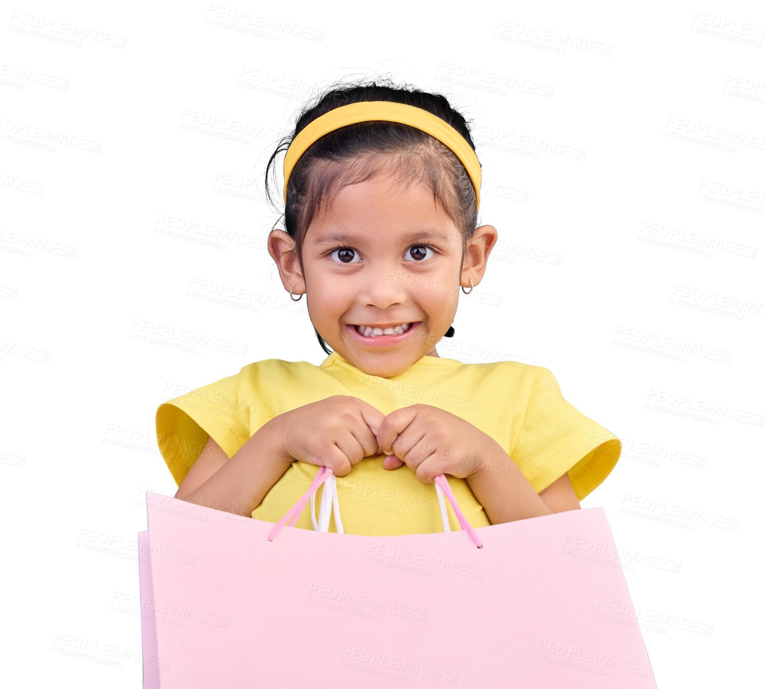 Buy stock photo Girl smile, portrait and gift bags from birthday party, event or celebration isolated on a transparent PNG background. Shop choice, bag and little child or happy kid with shopping presents or buying