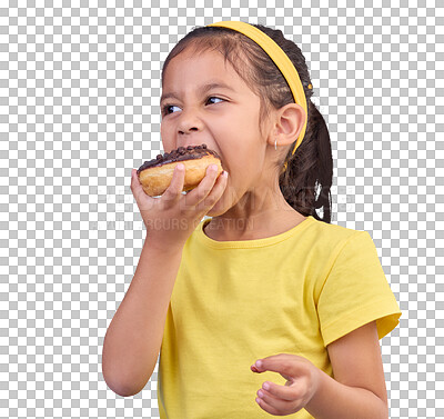 Donut, eating and sweet with girl in studio for junk food, sugar and happiness. Snack, cake and cute with face of child and dessert for cute, positive and chocolate isolated on blue background