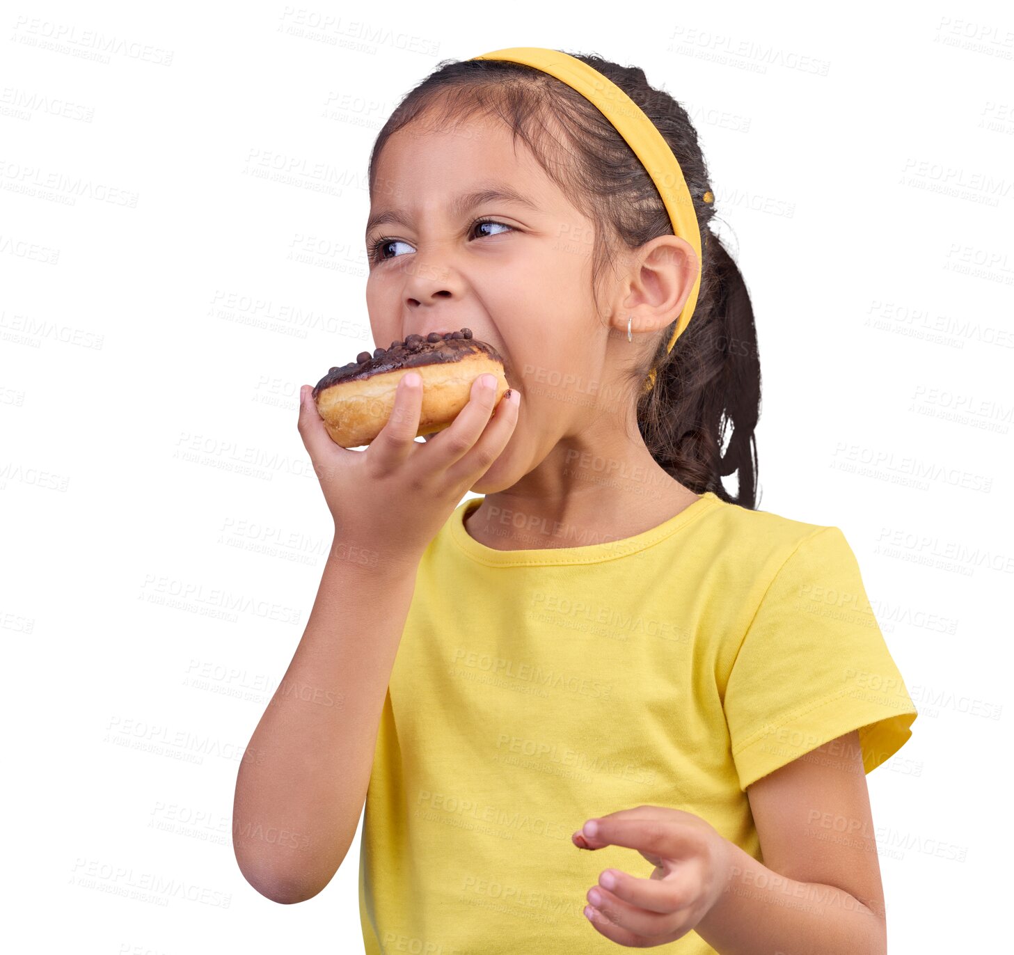 Buy stock photo Donut, eating and sweet of girl with junk food, sugar and happiness isolated on a transparent PNG background. Snack, cake and cute face of happy or hungry child with dessert, candy diet and chocolate