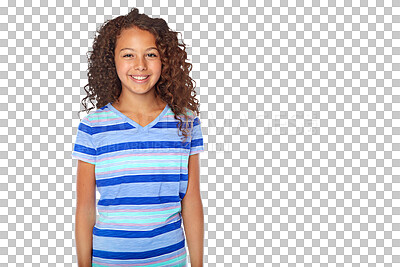 Buy stock photo Happy young girl, portrait and casual fashion standing isolated on a transparent PNG background. Gen z, teenager or female person smile and posing in happiness for youth, clothing or childhood