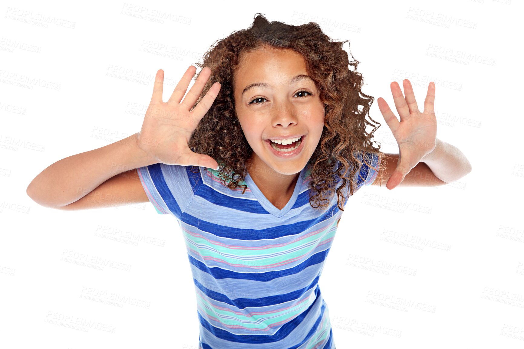 Buy stock photo Smile, youth and portrait of child with hand gesture for fashion, announcement or trendy clothes. Happy, excited and girl screaming for aesthetic style and isolated on a transparent png background