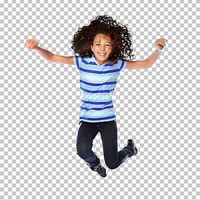 Buy stock photo Happy, jump and portrait of girl child with energy, celebration or positive personality. Happiness, excited and cheerful kid model having fun with casual style isolated by transparent png background.