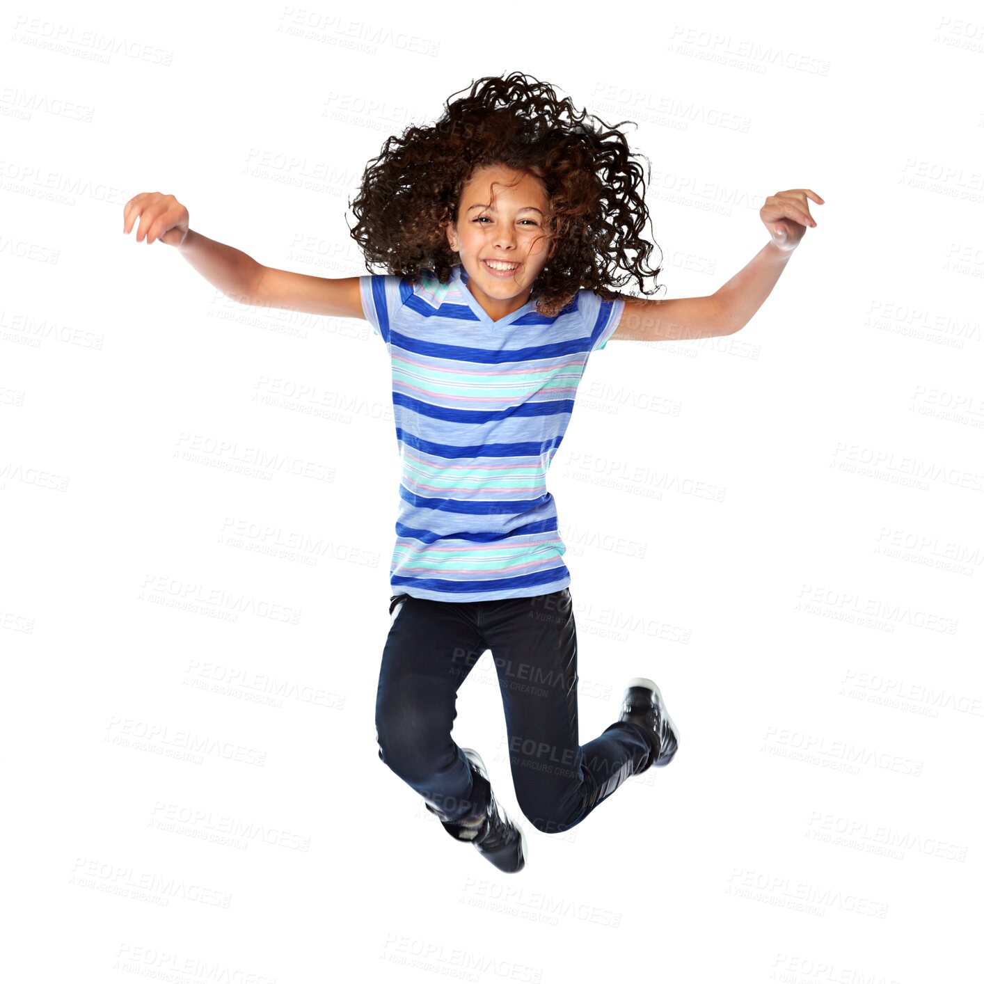 Buy stock photo Happy, jump and portrait of girl child with energy, celebration or positive personality. Happiness, excited and cheerful kid model having fun with casual style isolated by transparent png background.