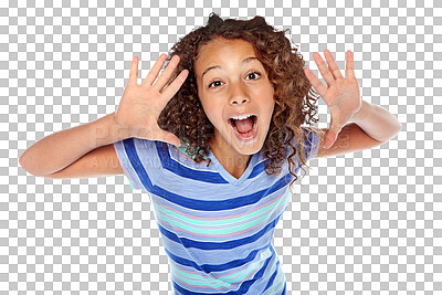 Buy stock photo Hands, happy and portrait of child with announcement, promotion or fashion opinion. Surprise, youth and a young girl or stylish model with a gesture and smile isolated on a transparent png background