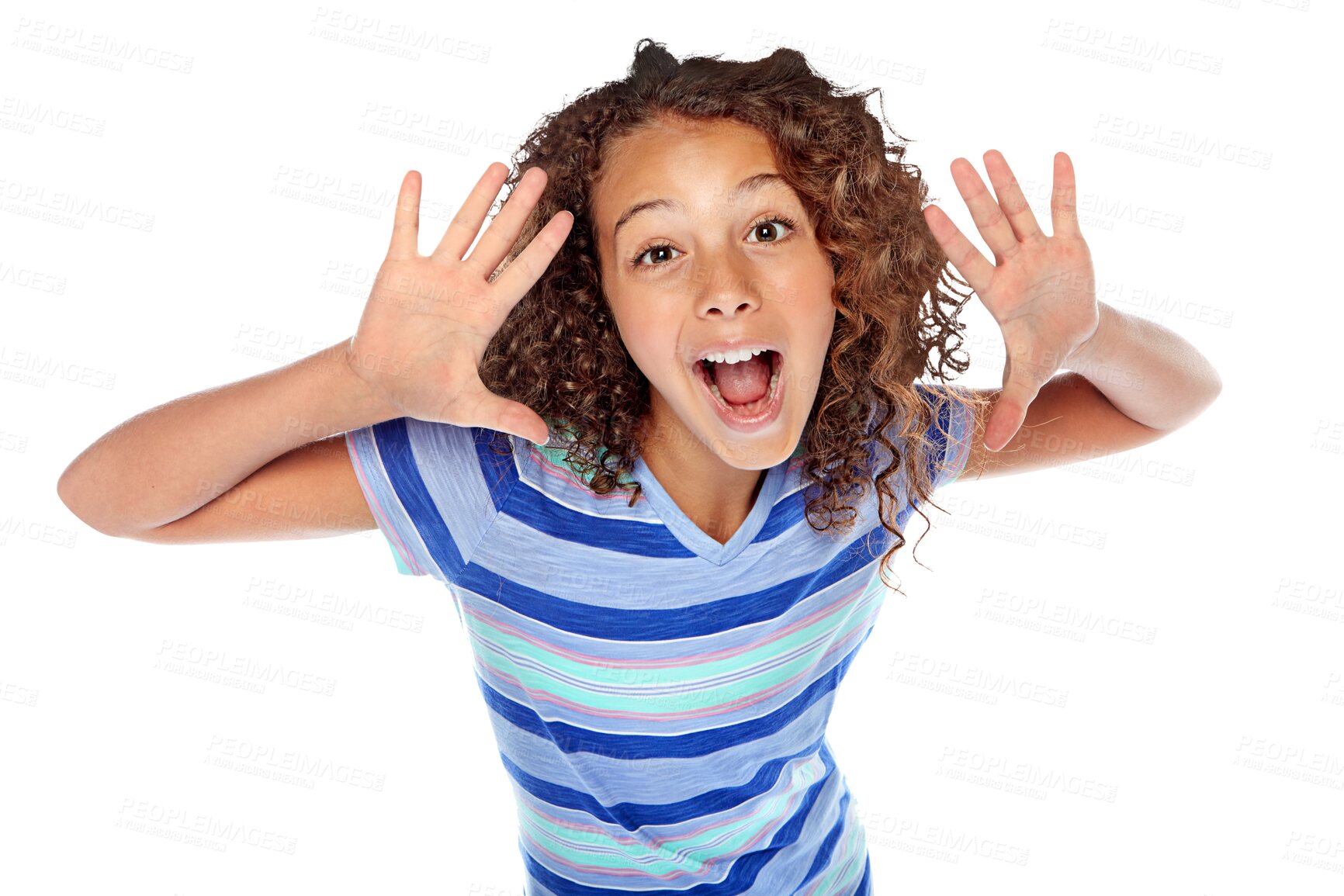 Buy stock photo Hands, happy and portrait of child with announcement, promotion or fashion opinion. Surprise, youth and a young girl or stylish model with a gesture and smile isolated on a transparent png background