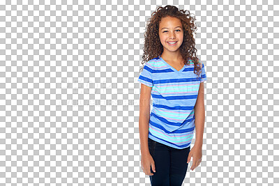 Buy stock photo Portrait, smile and teen fashion with a girl isolated on a transparent background for youth style. Children or kids, happy and clothes with a cute young female child posing in a trendy outfit on PNG