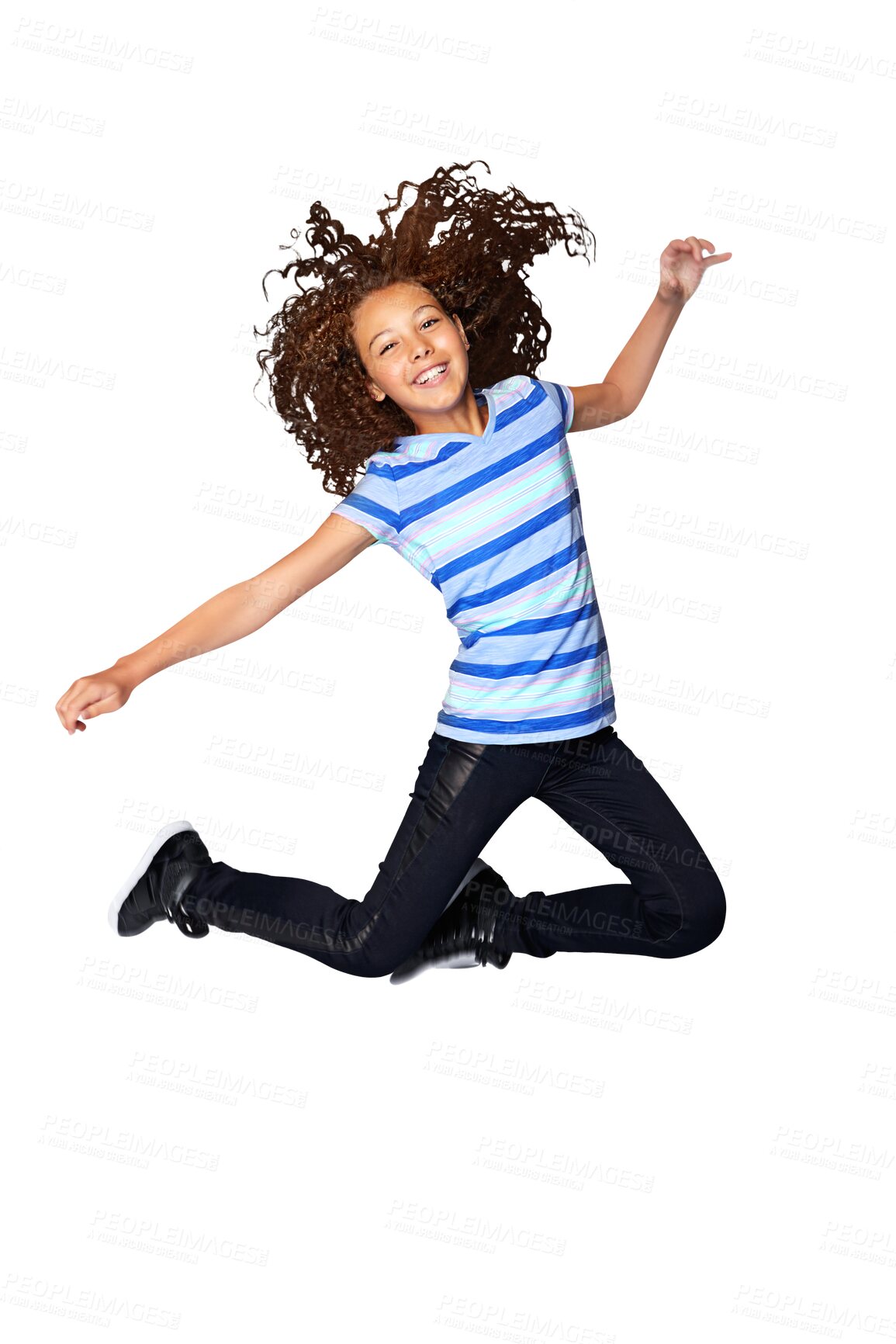 Buy stock photo Crazy, portrait and child with a jump or energy for celebration, moving or a dance. Happy, youth and a young girl or dancing model teenager with freedom and isolated on a transparent png background