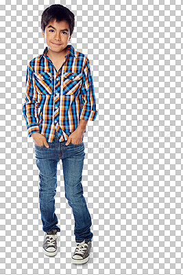 Buy stock photo Fashion, boy and child in full body portrait, clothes and cool youth isolated on png transparent background. Young, Mexican male kid, preteen and casual trendy outfit with confidence in childhood