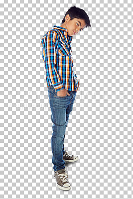 Buy stock photo Cool, fashion and portrait of a child with attitude and isolated on a transparent png background. Stylish, trendy and a young little boy or model kid with clothes, jeans or a shirt for an event