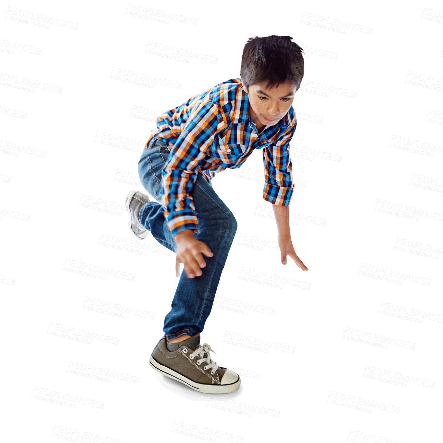 Buy stock photo Dance, energy and a child with fashion for hip hop, moving and jumping for training. Youth, clothes and a young dancing boy kid or dancer for breakdancing isolated on a transparent png background