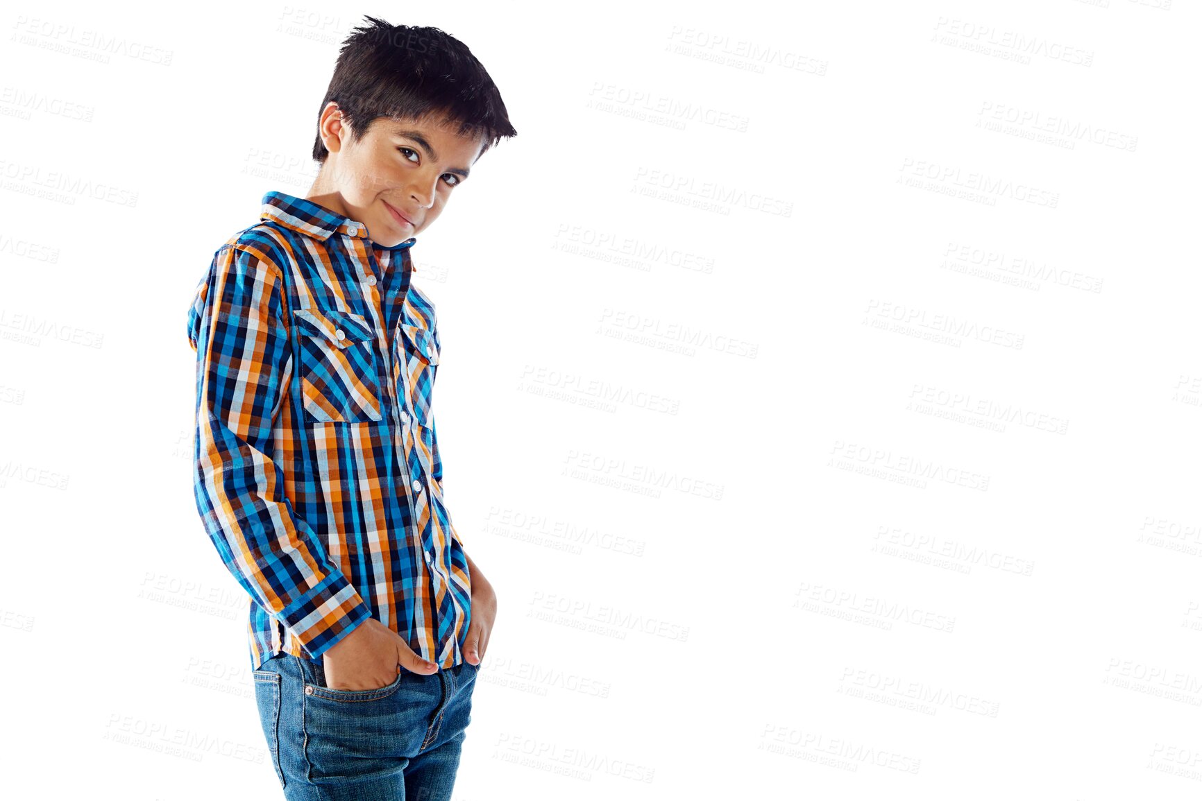 Buy stock photo Portrait of young boy with casual fashion, confidence and trendy jeans and shirt for school or education. Cool teenager, gen z model or happy child in clothes isolated on transparent, png background