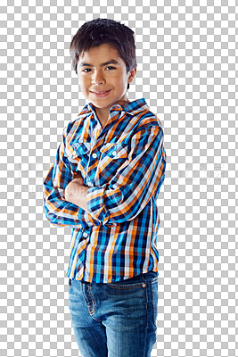 Buy stock photo Happy, fashion portrait and child with arms crossed isolated on transparent png background. Smile, confidence and school kid or young boy in casual clothes, jeans and stylish student from Mexico