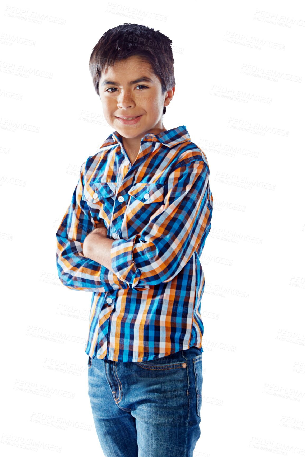 Buy stock photo Happy, fashion portrait and child with arms crossed isolated on transparent png background. Smile, confidence and school kid or young boy in casual clothes, jeans and stylish student from Mexico