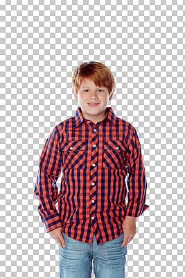 Buy stock photo Portrait of young boy with casual fashion and trendy jeans and shirt for school or education in Ireland. Cool teenager, gen z model or happy child in clothes isolated on transparent, png background