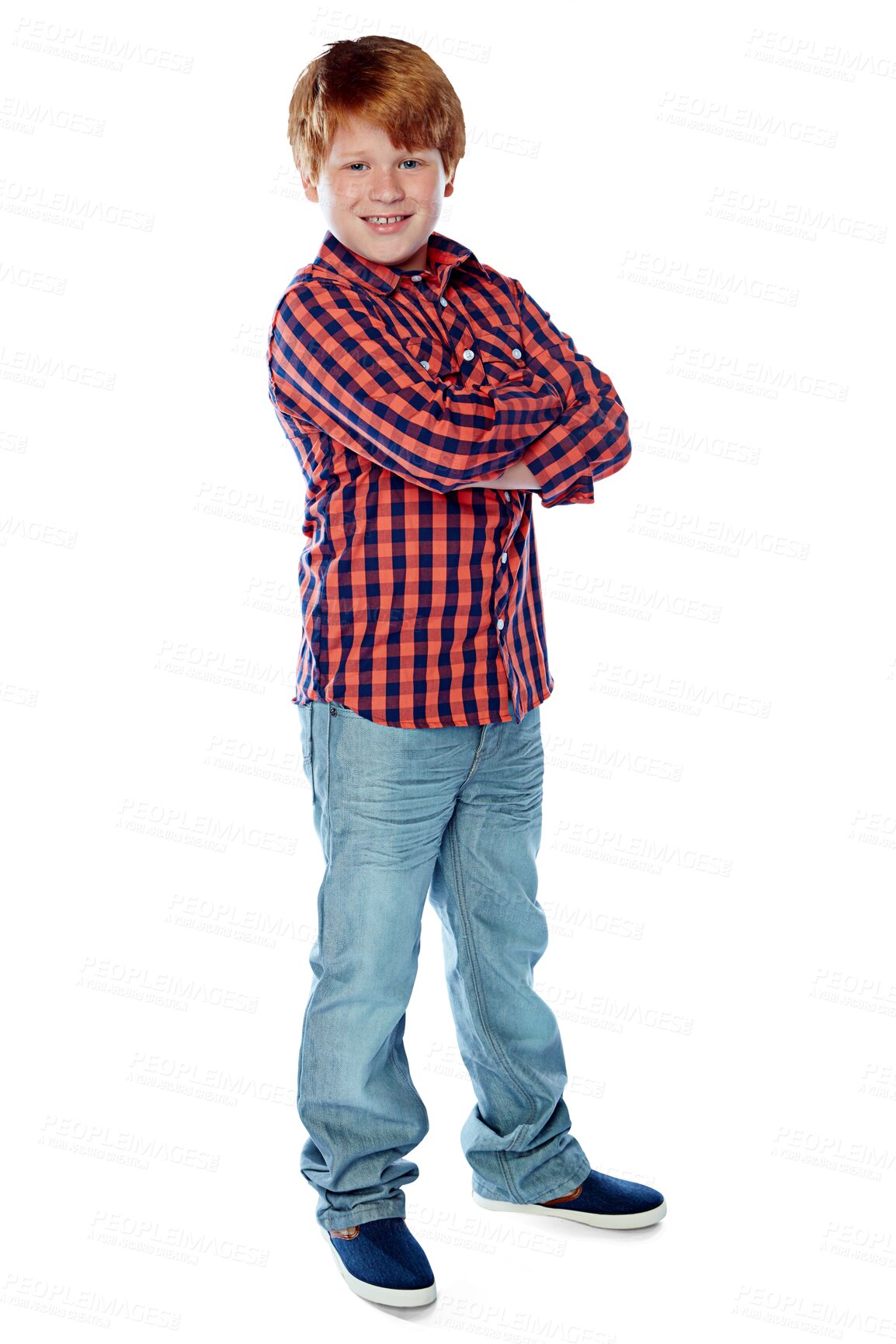 Buy stock photo Fashion portrait, ginger and child with arms crossed isolated on transparent png background. Style, confidence or happy young boy or school kid in casual clothes, trendy jeans or student from Ireland