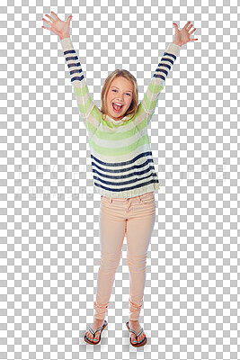 Buy stock photo Excited, child and portrait of girl in celebration, winning or cheering motivation on transparent, isolated or png background. Success, achievement or happy face from announcement or kid with freedom