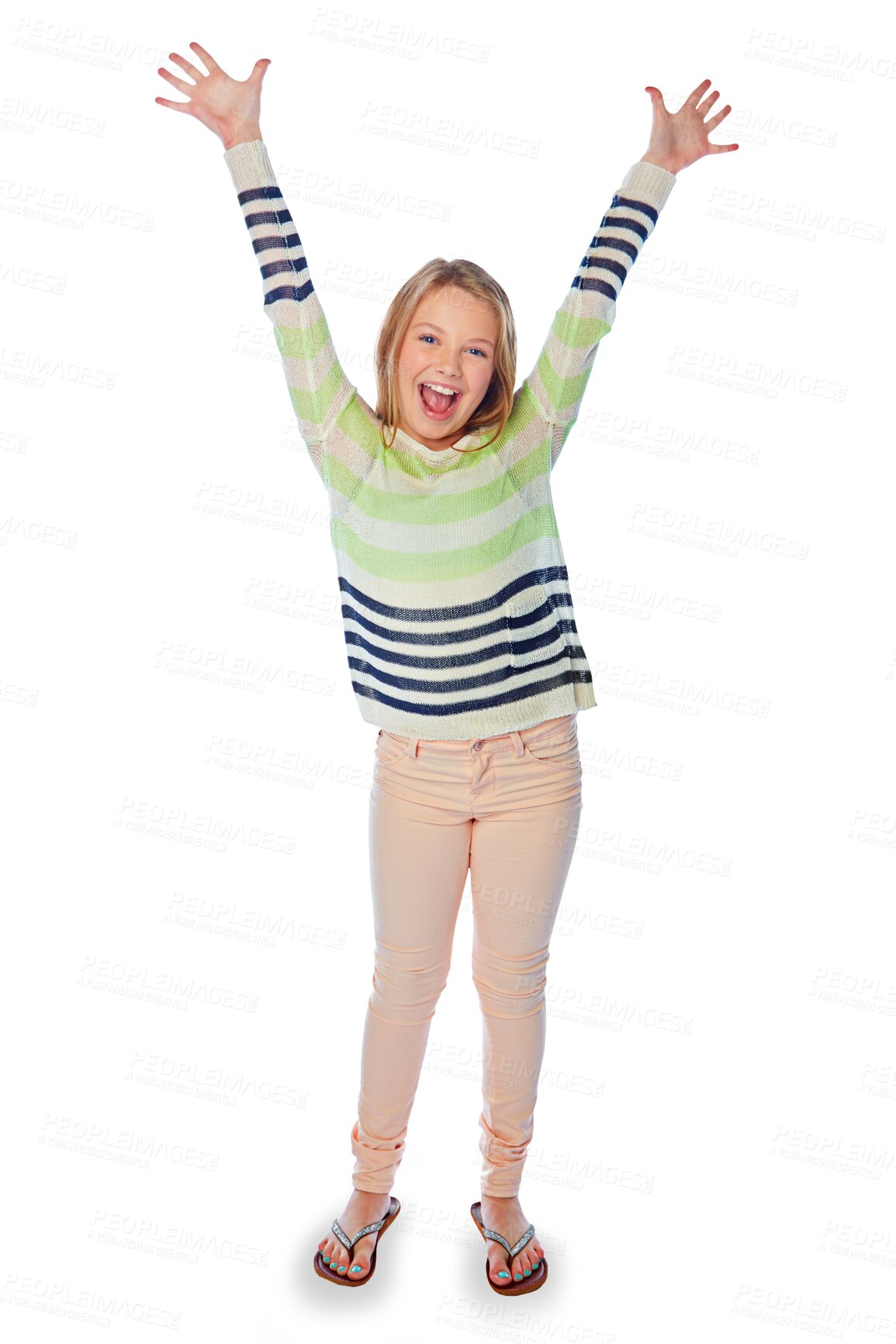 Buy stock photo Excited, child and portrait of girl in celebration, winning or cheering motivation on transparent, isolated or png background. Success, achievement or happy face from announcement or kid with freedom