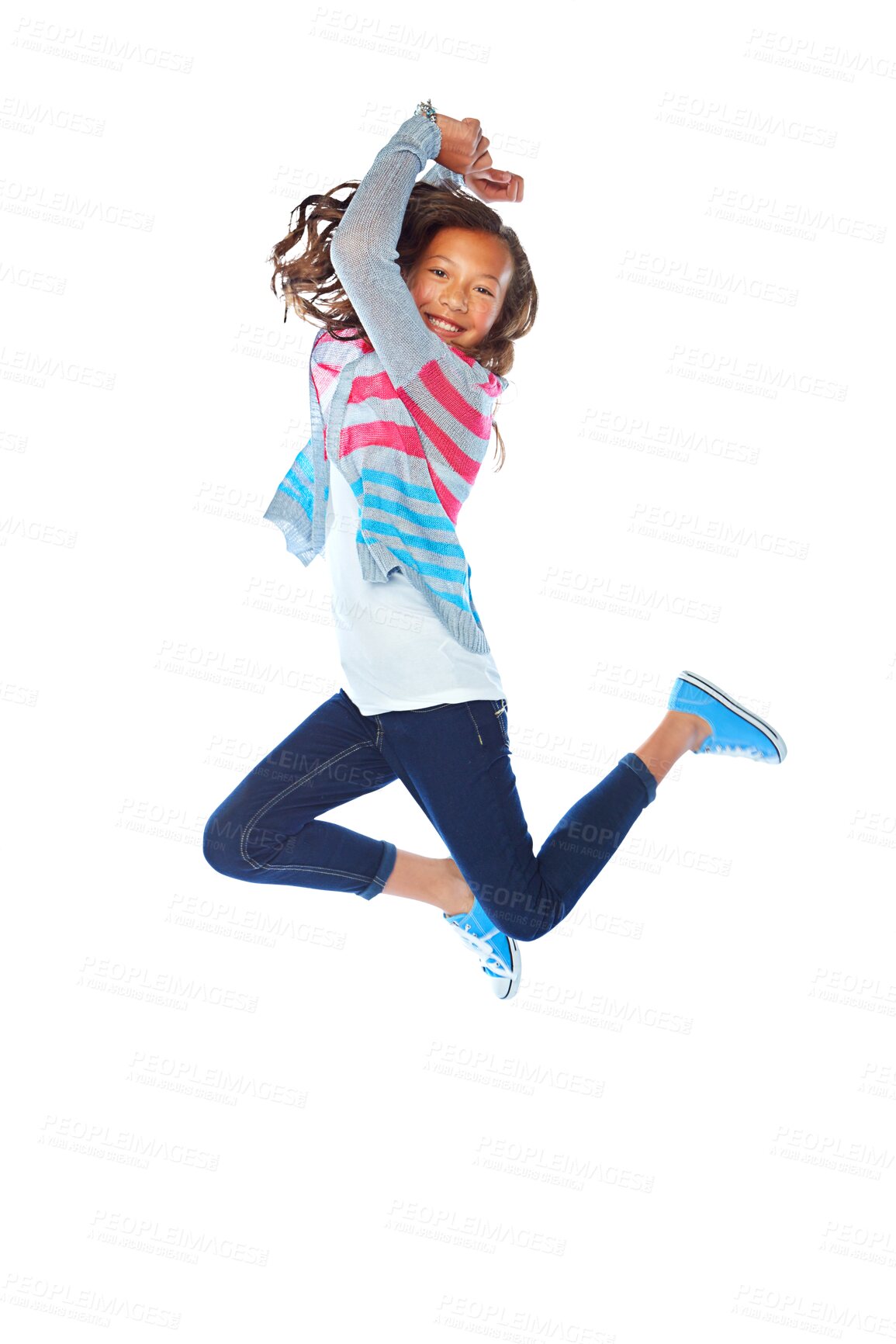 Buy stock photo Portrait, smile and girl child jump isolated on a transparent png background. Happy, energy and kid leap for celebration of success, dance for winner and freedom for youth, excited and play in air