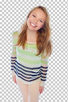 Buy stock photo Smile, girl and portrait of a teen model for fashion with a child isolated on a transparent background. Children, style and cute outfit of a happy young teenage kid on PNG for trendy clothes 