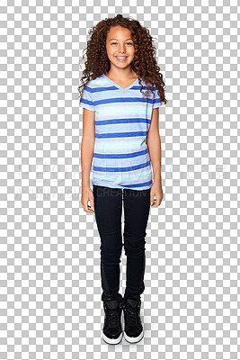 Buy stock photo Portrait, happy and fashion for children with a girl isolated on a transparent background for youth style. Kids, smile and clothes with a cute young female teen posing in a trendy outfit on PNG