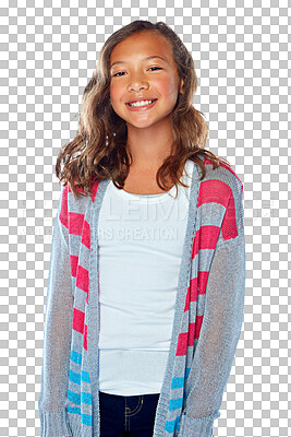 Buy stock photo Portrait, fashion and kids with a confident girl isolated on a transparent background for clothing style. Children, smile and cute with a happy young female teen posing on PNG for trendy clothes