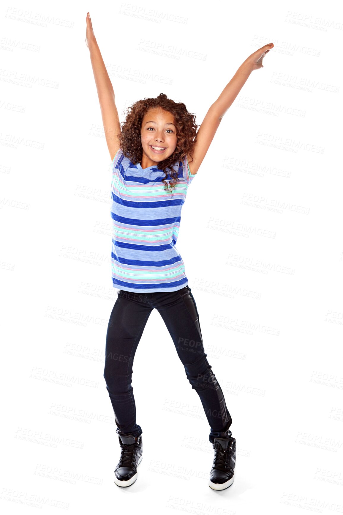 Buy stock photo Excited, child and girl with arms raised in celebration, motivation or winner in victory on transparent, isolated or png background. Success, achievement or portrait of happiness or kid winning dance