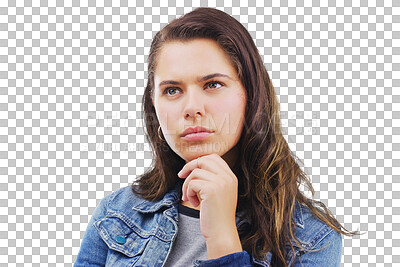 Buy stock photo Woman, student and thinking of ideas, confused or doubt in university planning or college decision. Young person for memory emoji, remember or learning solution isolated on transparent png background