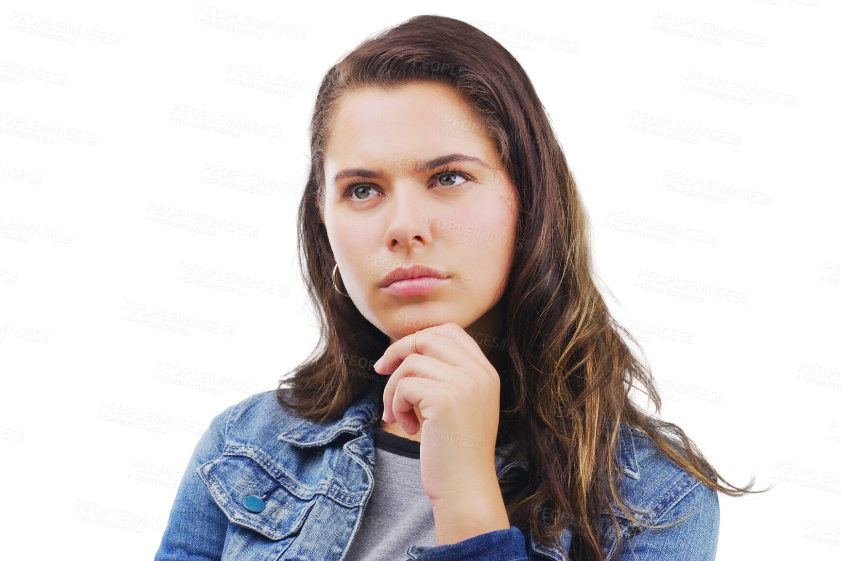 Buy stock photo Woman, student and thinking of ideas, confused or doubt in university planning or college decision. Young person for memory emoji, remember or learning solution isolated on transparent png background