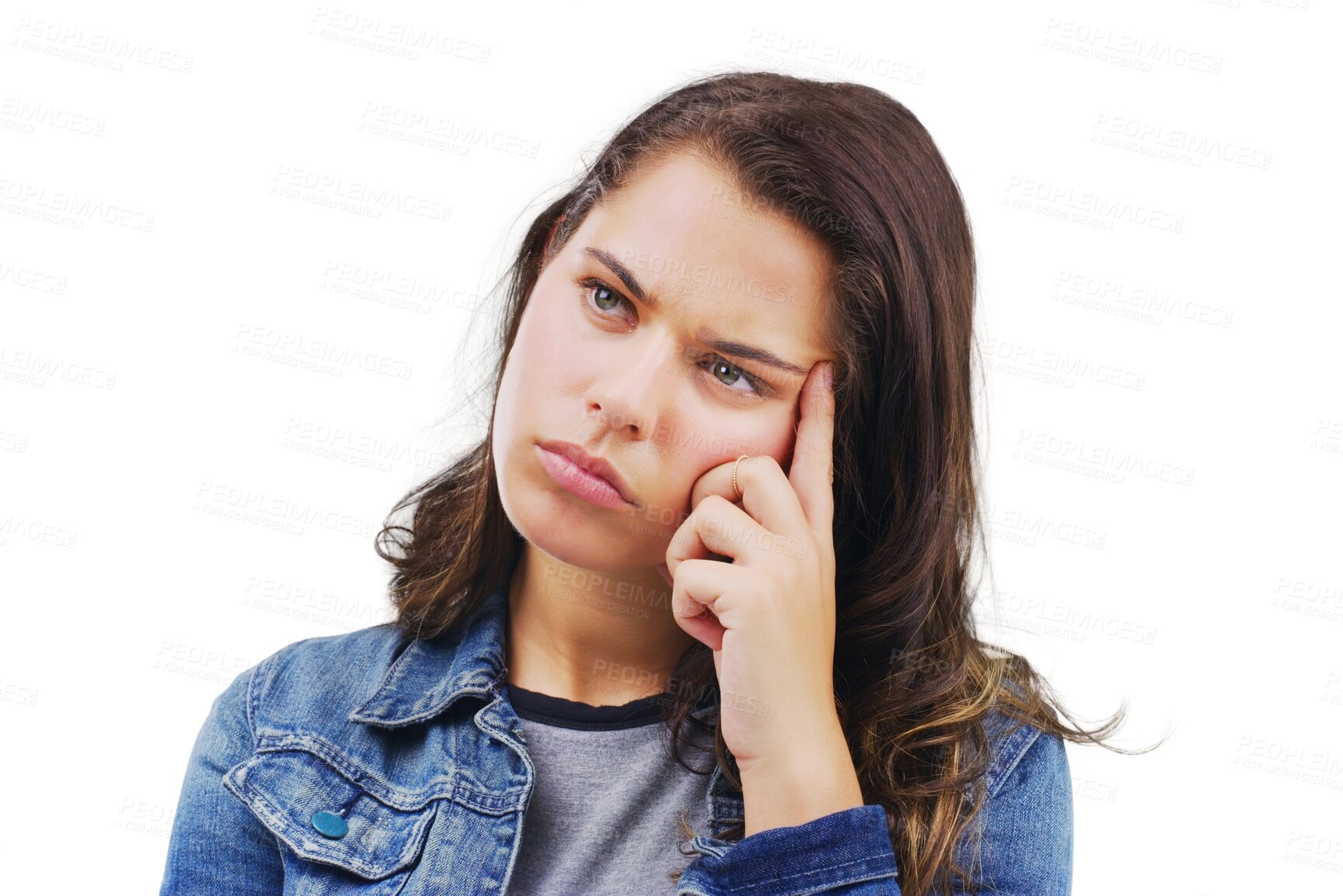 Buy stock photo Woman, student and thinking, confused or doubt for university planning, ideas or college decision. Young person with memory emoji, remember or learning question isolated on transparent png background