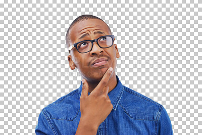 Buy stock photo Thinking, black man and confused about question, doubt or remember planning for why on isolated, transparent or png background. Ideas, guy and hand for solution, problem solving or brainstorming