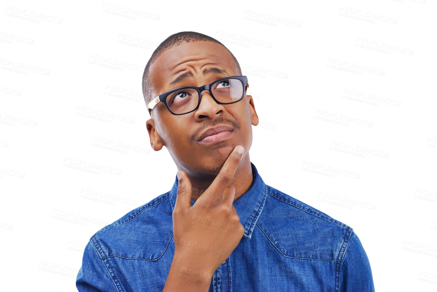 Buy stock photo Thinking, black man and confused about question, doubt or remember planning for why on isolated, transparent or png background. Ideas, guy and hand for solution, problem solving or brainstorming