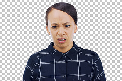 Buy stock photo Confused, doubt and portrait of woman with unsure, uncertain or wtf facial expression. Stress, problem and young person or frustrated model with serious face isolated on a transparent png background