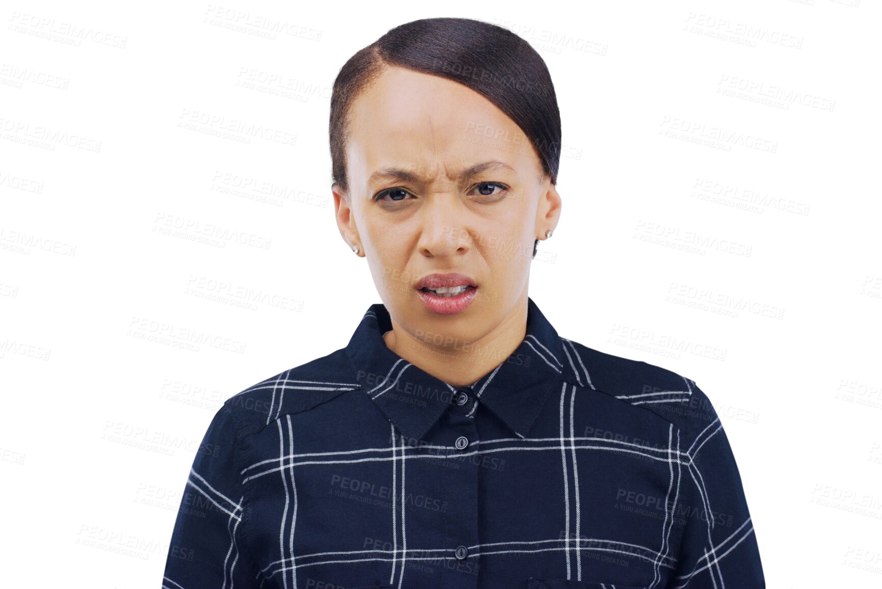 Buy stock photo Confused, doubt and portrait of woman with unsure, uncertain or wtf facial expression. Stress, problem and young person or frustrated model with serious face isolated on a transparent png background