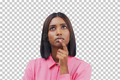 Buy stock photo Business woman, vision and thinking, ideas or brainstorming for marketing decision, planning or remember. Designer or african person in doubt or question emoji isolated on transparent, png background