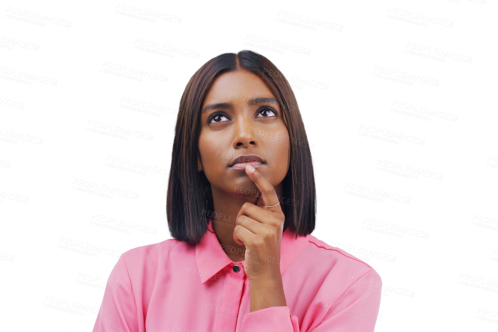 Buy stock photo Business woman, vision and thinking, ideas or brainstorming for marketing decision, planning or remember. Designer or african person in doubt or question emoji isolated on transparent, png background