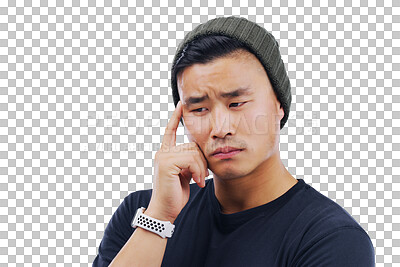 Buy stock photo Question, thinking and Asian man with doubt, confused and model isolated on a transparent background. Png, male person and guy brainstorming, emoji and planning for future, mindset or problem solving