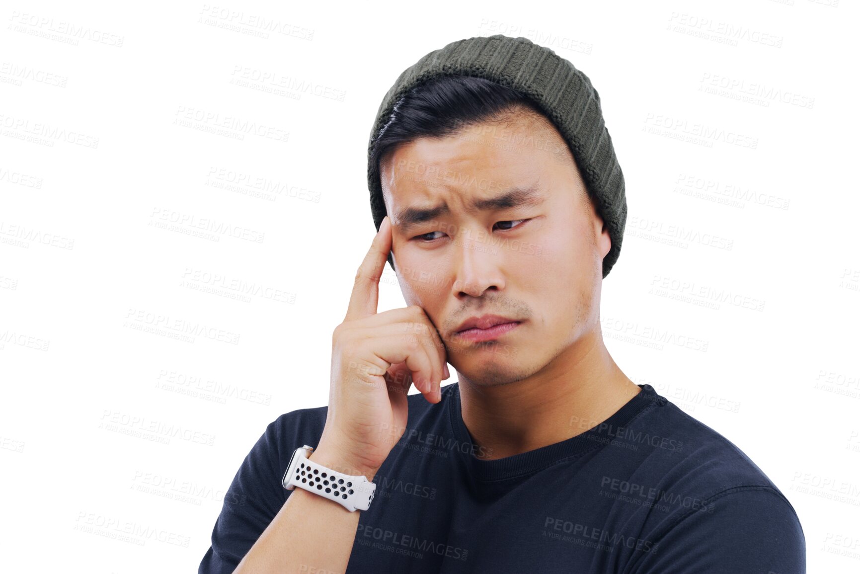 Buy stock photo Question, thinking and Asian man with doubt, confused and model isolated on a transparent background. Png, male person and guy brainstorming, emoji and planning for future, mindset or problem solving