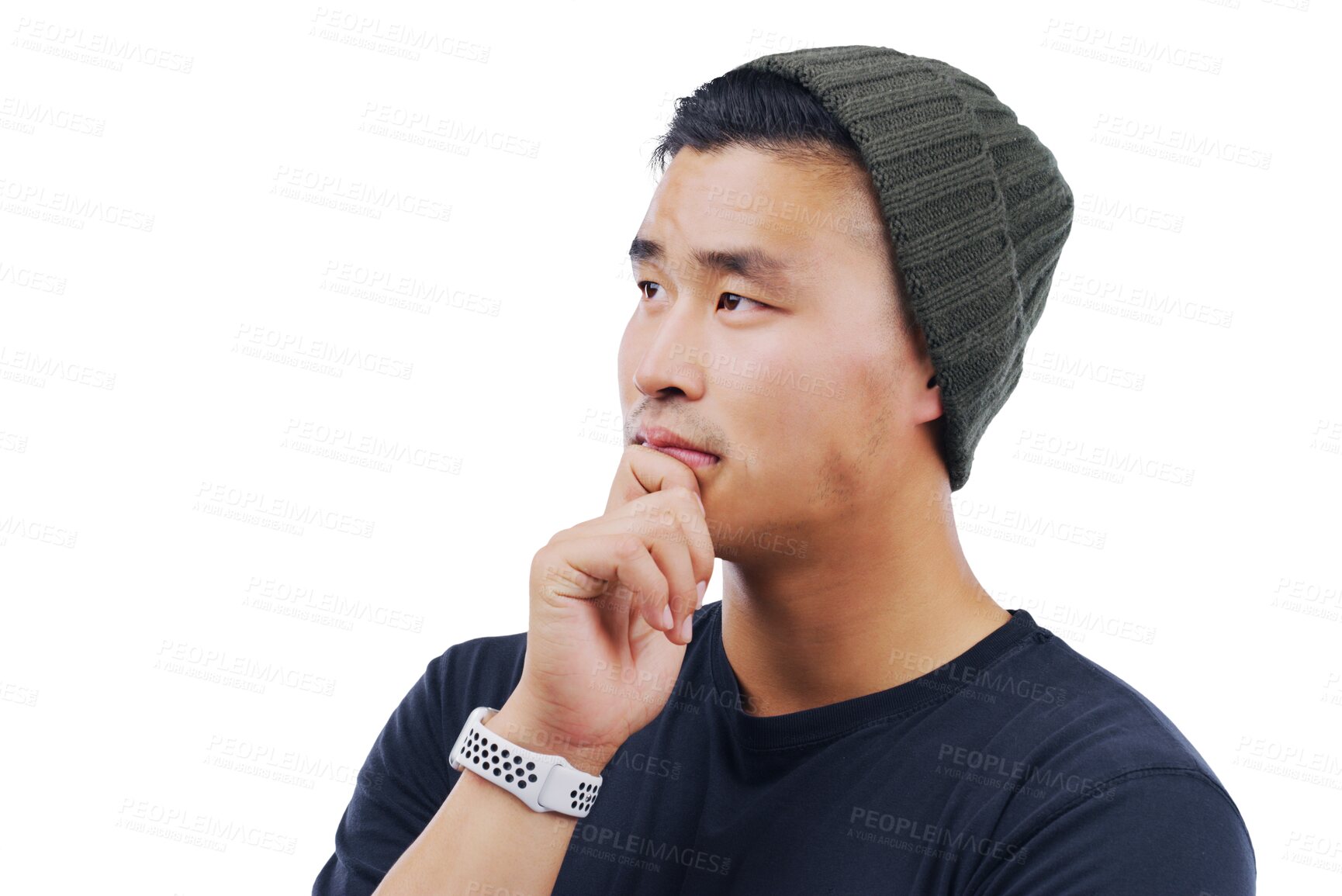 Buy stock photo Asian man, thinking and remember ideas or confused by question or planning on isolated, transparent or png background. Doubt, face and guy with hand for solution, problem solving or brainstorming