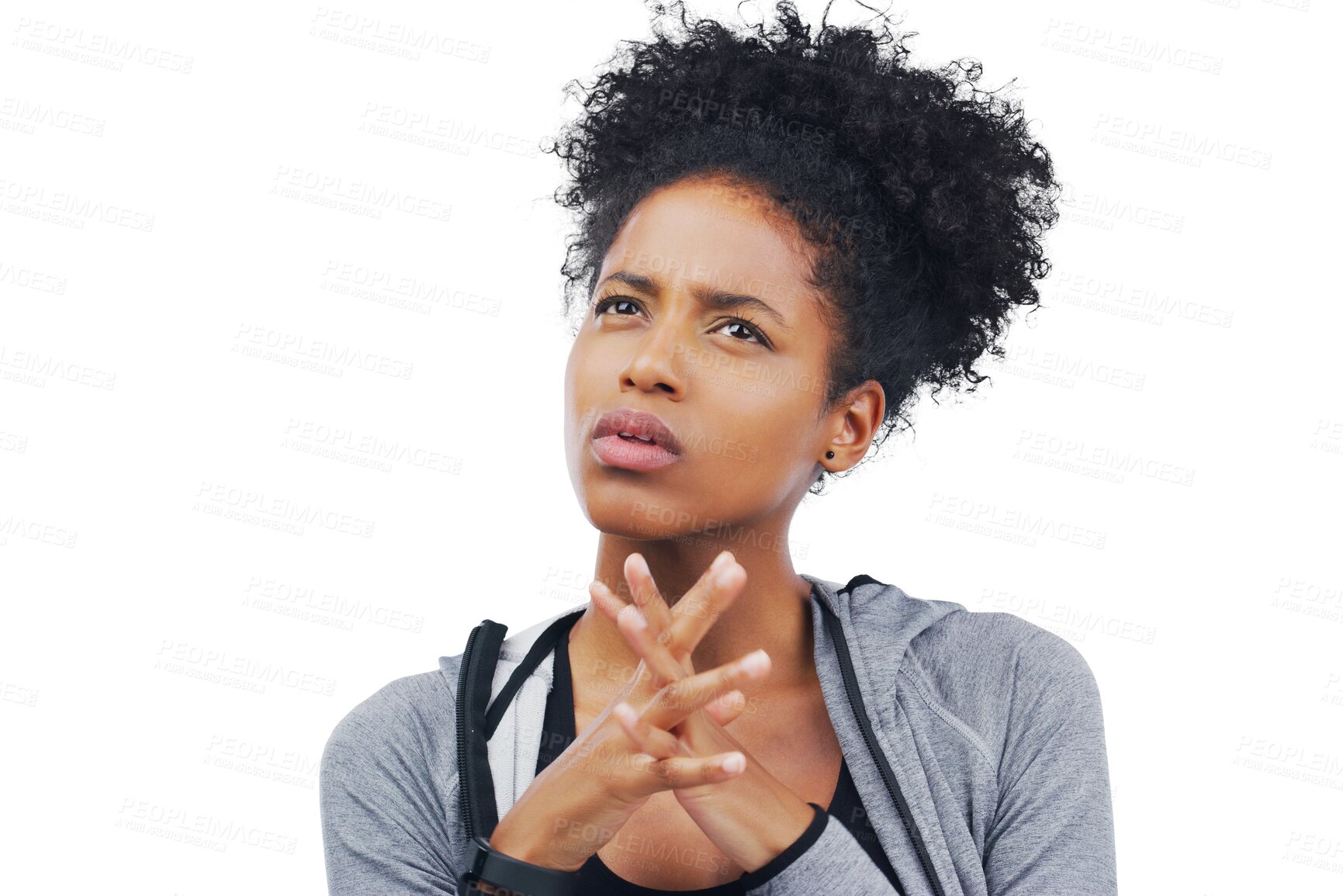 Buy stock photo Idea, thinking and black woman with solution, confused and model isolated on a transparent background. Png, female person and girl with questions, doubt and emoji with problem solving and choice