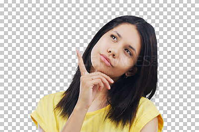 Buy stock photo Idea, confused or problem solving with the face of a woman isolated on a transparent background. Thinking, question and doubt with a young female person on PNG to consider a choice or option