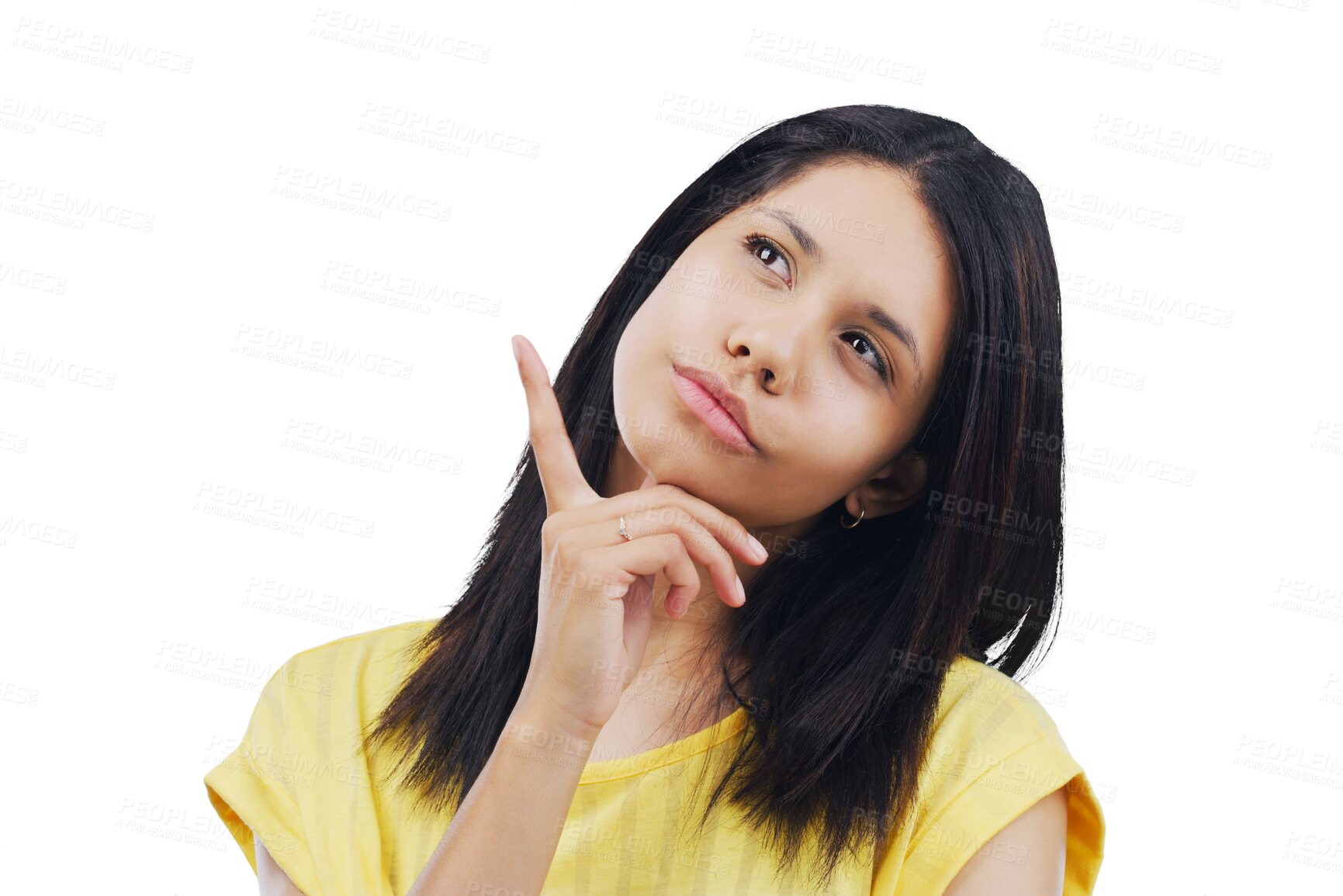 Buy stock photo Idea, confused or problem solving with the face of a woman isolated on a transparent background. Thinking, question and doubt with a young female person on PNG to consider a choice or option