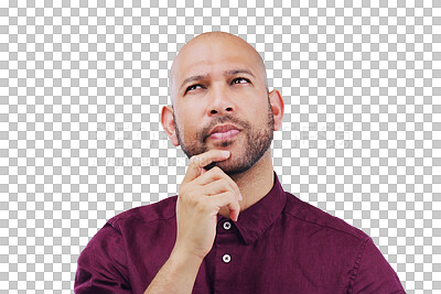 Buy stock photo Confused, man and thinking of ideas or remember a question, why and planning on isolated, transparent or png background. Doubt, face and guy with hand for solution, problem solving or brainstorming