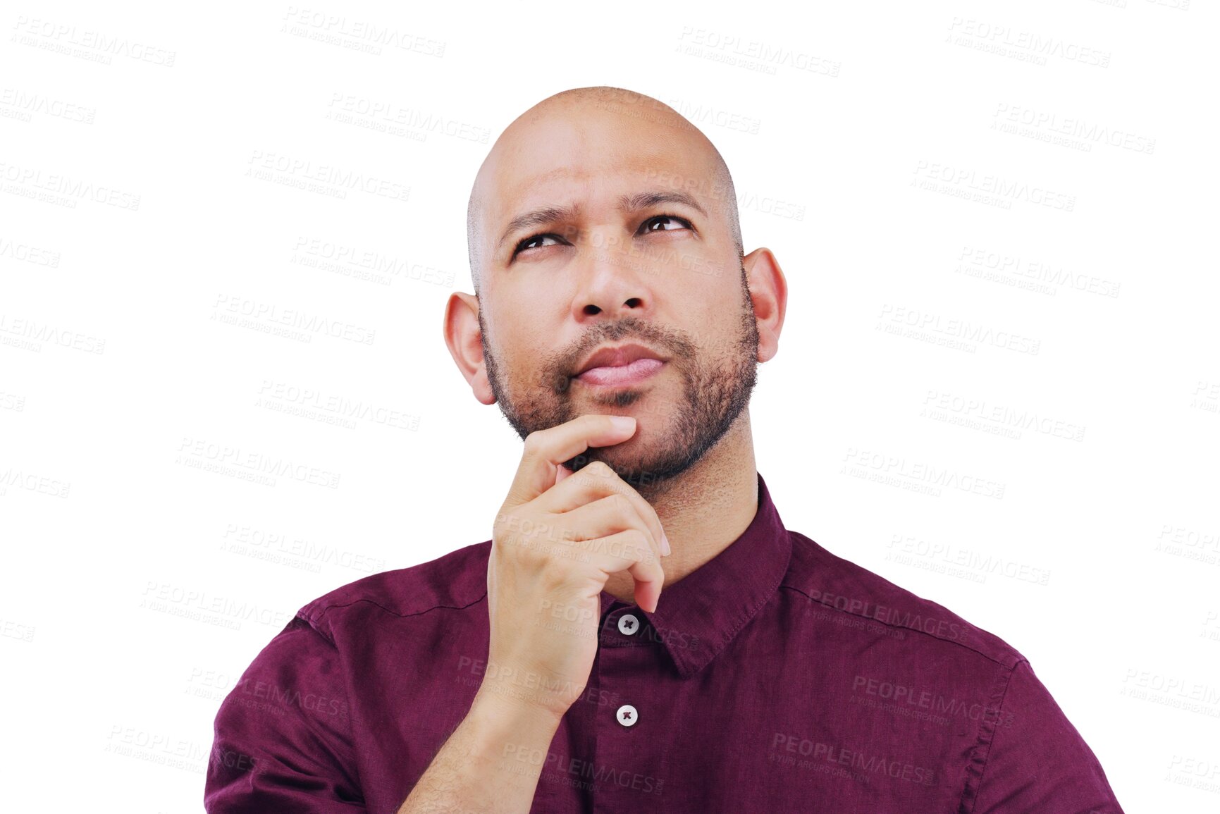 Buy stock photo Confused, man and thinking of ideas or remember a question, why and planning on isolated, transparent or png background. Doubt, face and guy with hand for solution, problem solving or brainstorming