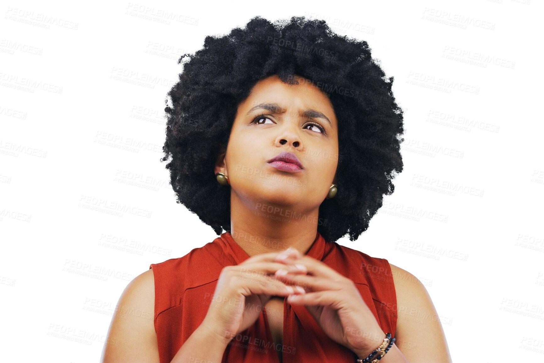 Buy stock photo Business woman, thinking and vision, ideas or brainstorming for marketing decision, planning or remember. Designer or african person in doubt or question emoji isolated on transparent, png background