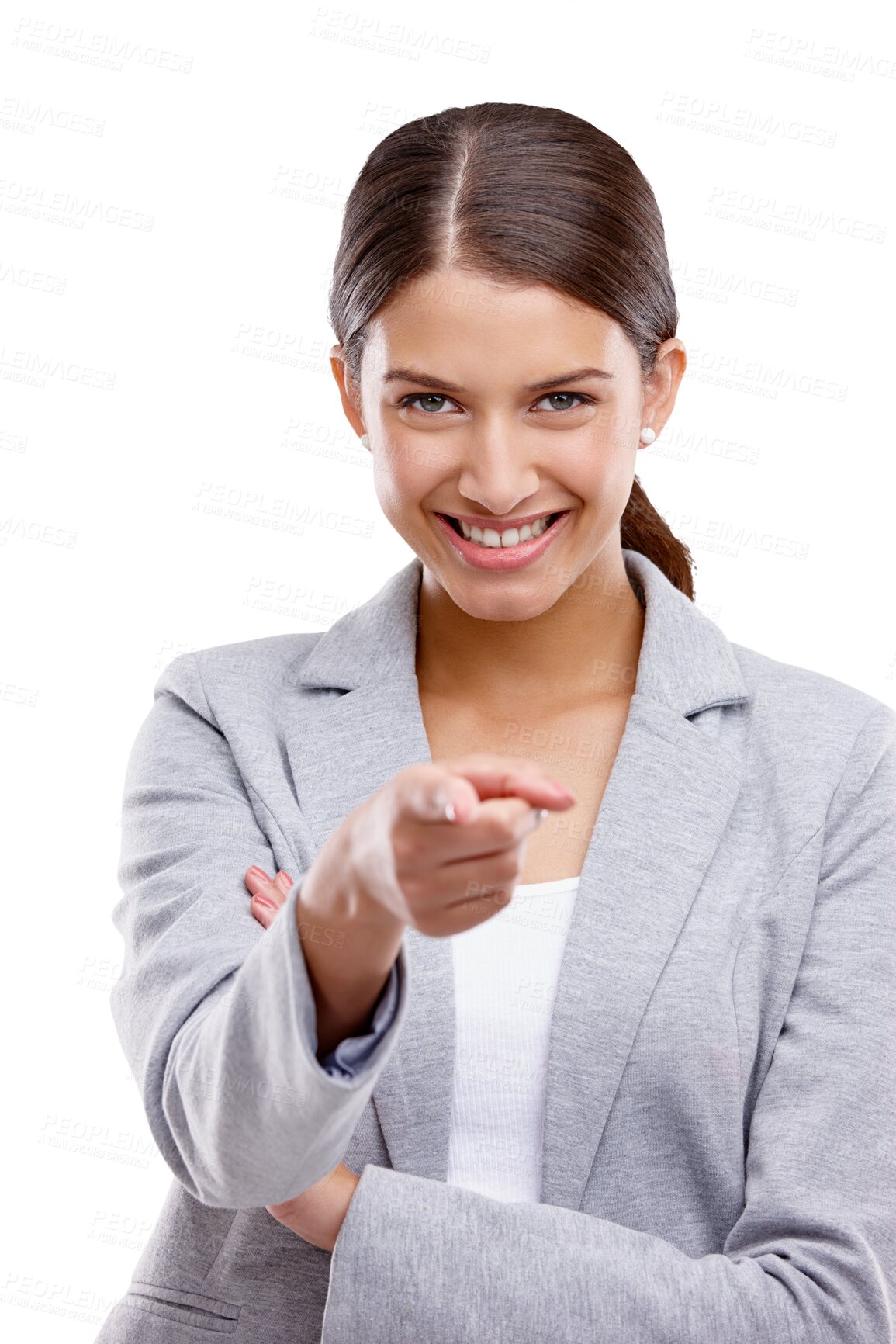 Buy stock photo Isolated business woman, pointing at you and smile in portrait for recruitment by transparent png background. Young manager, human resource expert and happy with choice, decision or onboarding at job