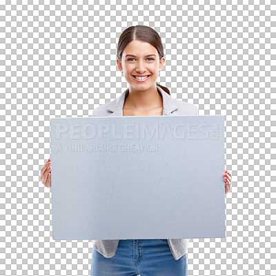 Buy stock photo Isolated business woman, blank poster and smile for mockup space for promo by transparent png background. Entrepreneur, manager and portrait with paper billboard for media, advertising or information