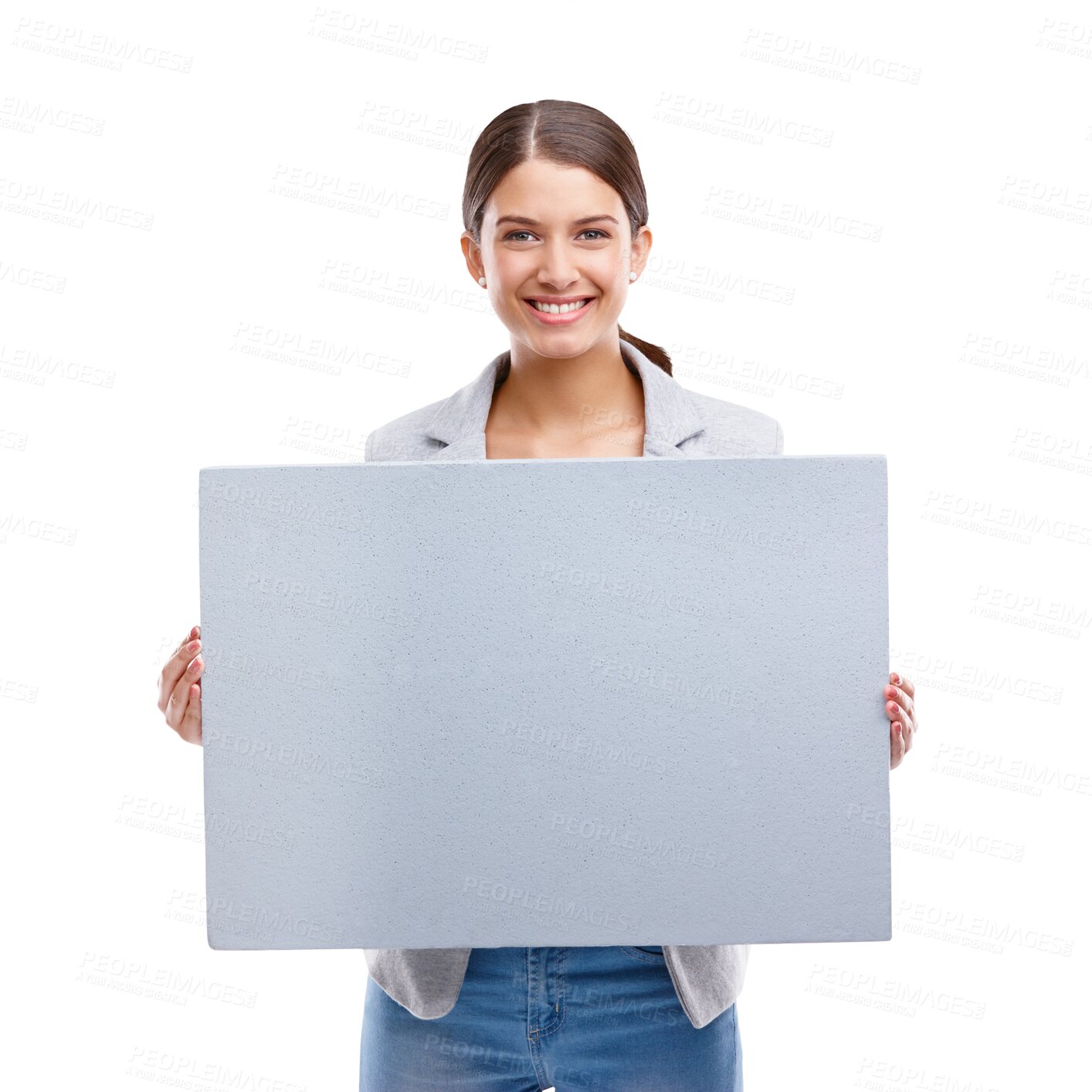 Buy stock photo Isolated business woman, blank poster and smile for mockup space for promo by transparent png background. Entrepreneur, manager and portrait with paper billboard for media, advertising or information