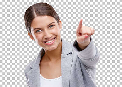 Buy stock photo Smile, forward and portrait of a pointing woman for a choice, recruitment or corporate hiring. Happy, hr employee and a girl with a hand gesture for business isolated on a transparent png background